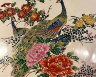Large Asian Platter With 2 Peacocks Vintage