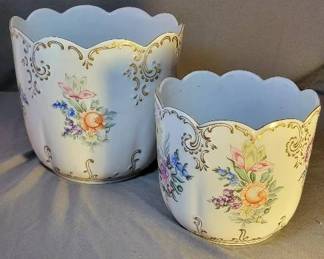 Hollohaza Hungarian Porcelain Cachepots, Vintage 2 Pcs