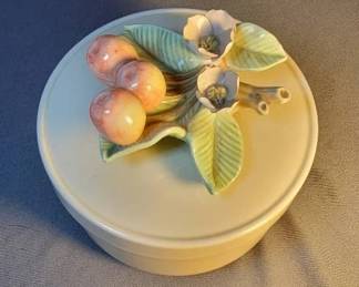 Fitz Floyd Glazed Ceramic Trinket Box With Cherries  Blossoms