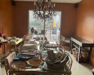 Linens, candlesticks, frames, Asian vases. Contemporary entry table with hidden drawers $220