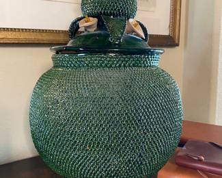 large ornate Mexican pottery jar with lid Calla lily motif