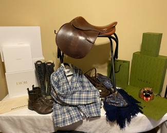 English saddle, reins, horse leather , pair Hunter brand boots, barn coat