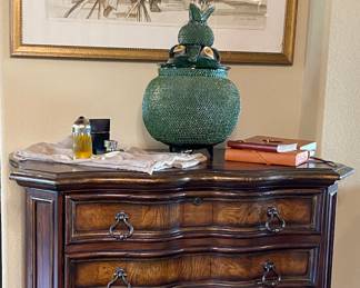 Large ornate Mexican jar with lid., nice Hooker two drawer file cabinet