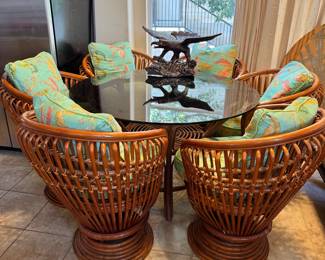 Vintage Bent Preztel swivel dining chairs, bamboo table with glass top