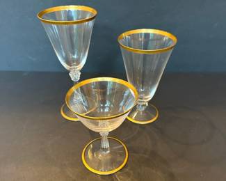 Vtg. gold rimmed glassware possibly Fostoria. Sets of 8