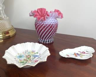 Fenton Cranberry Opalescent Hobnail Ruffled Top Vase, Ansley trinket dishes