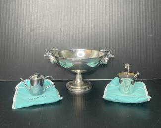 Tiffany & Co sterling silver Garden salt & pepper shaker set and deer pedestal compote bowl