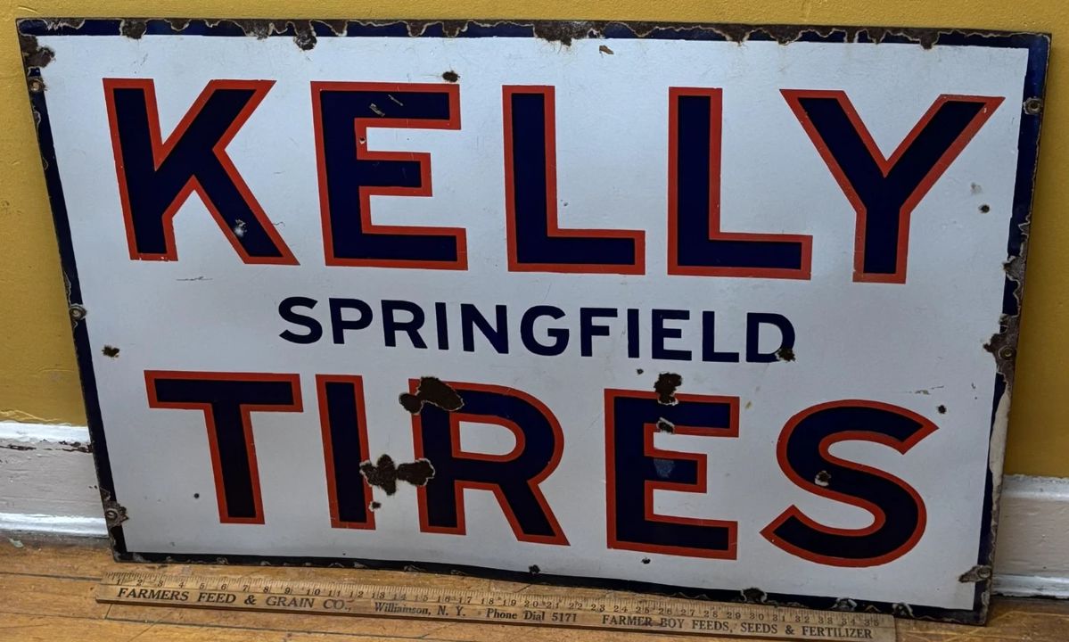 Antique c. 1920 Kelly Springfield Tires Double Sided 28" x 40" Porcelain Sign