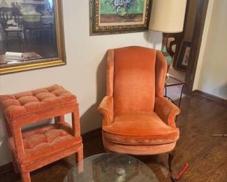 Orange is the new Brown... But it Must be in a Wing-Back Vintage Chair in Velvet with 2 tufted Velvet footstools      Mid- Century 