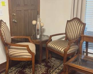 2 Gorgeous Vintage Wooden lovely chosen Striped Gold Upholstery Chairs waiting for you to own. Lots of Accents pieces throughout the house. 