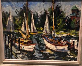 Oil painting Harbor Yacht Club by Dan Lutz, California 