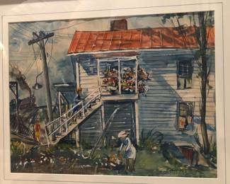 Clyde Singer watercolor, Belpre, Ohio  Flower Boxes 1940