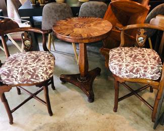 Beautiful pair of Antiques Chinese, three leg corner chairs with marble insert. 