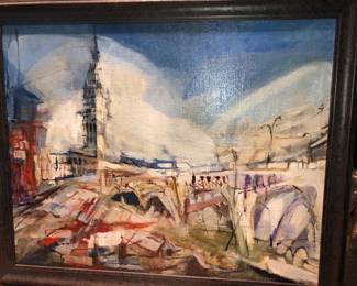 Oil painting Cleveland-Terminal Tower & Detroit Superior bridge, signed E. Goldstein 