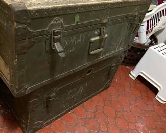 2 antique army metal trunks. 