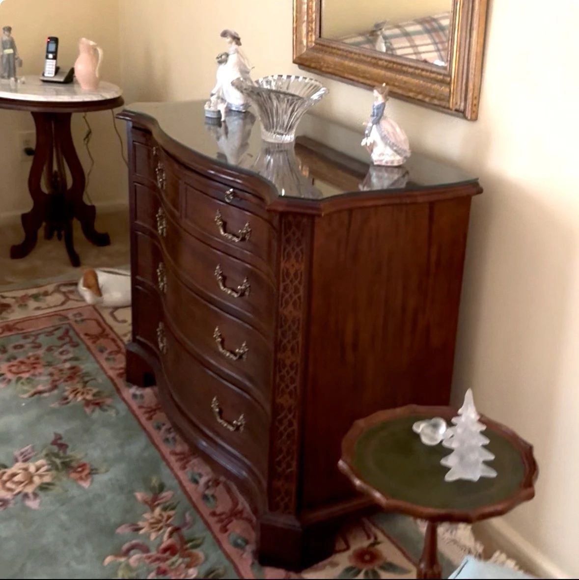 Century Mahogany  5 drawer Bachelor's chest with writing surface and many treasures within each drawer! Small round table with frosted glass figures and  Cararra marble and mahogany table end table.