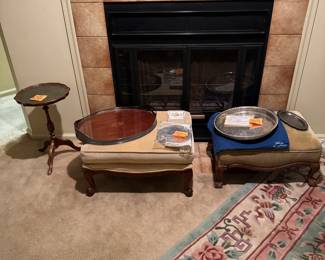 Bombay leather plant stand, 2 hassocks, mahogany inlaid walnut tray with reticulating silver rim and protective glass tray, 3 silver trivets, coasters, Rogers silver tray w/ reticulating rim ijncluding bag, silver tray