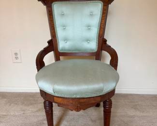 Another East Lake cousin in green moire fabric.  It  has been used as an office chair, a spare at the dinner table, or side bedroom chair.