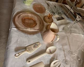 Tiffin pink depression glass with gold, Lenox gold rimmed pink pitcher, MCM hollow ware champage flutes and coupes