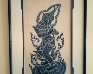 Thailand Flutist print , protective glass, double mat, blue bamboo frame