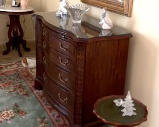 Century Mahogany  5 drawer Bachelor's chest with writing surface and many treasures within each drawer! Small round table with frosted glass figures and  Cararra marble and mahogany table end table.
