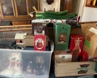 Vintage Christmas: glass balls, candle holders, wreathes, lighted houses, etc. 