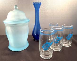 Vintage West Virginia glassware , lidded candy dish, blue vase