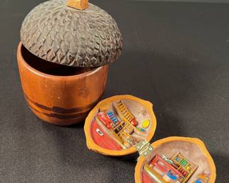 Carved acorn box, unusual molded walnut opens to home scene 