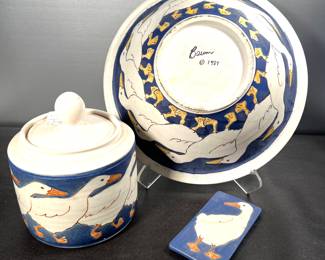 Very large bowl signed Baum 1987, matching lidded storage jar and trivet 