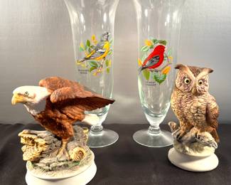 Porcelain eagle and owl figurines, two American Songbird pieces by WV Glass Co.