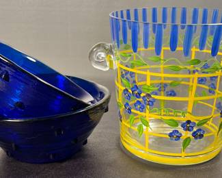 Two blue glass bowls and hand painted ice bucket