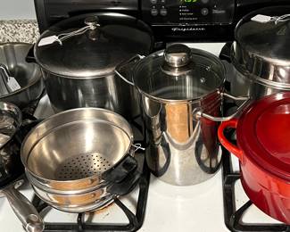 Calphalon lidded stock pot and various other pieces of cookware