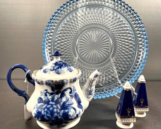 Blue glass plate, teapot and salt shakers