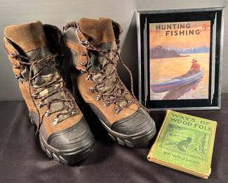 Men’s Cabela boots size 11,  hunting and fishing magazine cover, vintage book “Ways of Wood Folk”