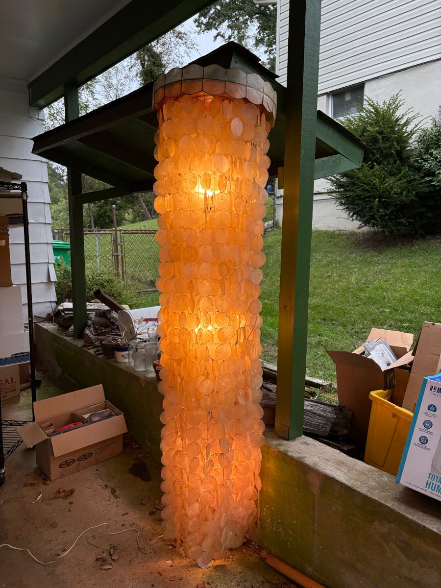 Vintage 70's Capiz Shell Floor to Ceiling Chandelier in working condition.