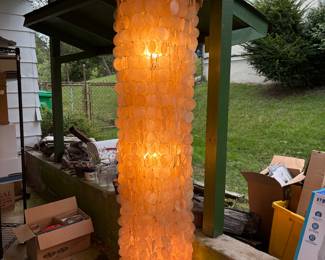 Vintage 70's Capiz Shell Floor to Ceiling Chandelier in working condition.