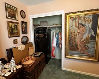 Antique large original framed art, quilts and gun safe