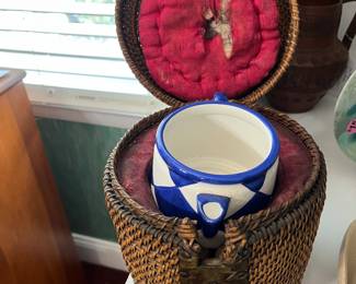 LOOK at this...obviously this little pitcher not proper fit, just so you can see...this is lined with felt and material...metal handle and fittings...SO COOL!