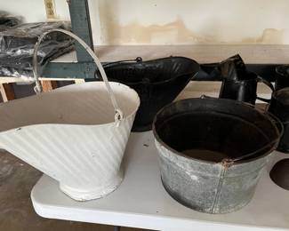 Antique coal skuttles...White or black, you choose...put by your fire pit for kindling...on your hearth for the same...so many cute uses!