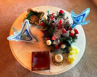 Marble top coffee table with art glass