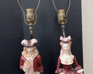Vintage Matching Cordey Porcelain Victorian Lady w Fan And Gentleman Statue Lamp 