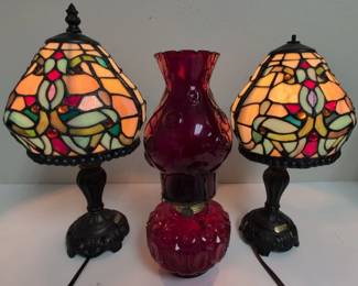 Vintage Moon Stars Ruby Red Glass Oil Lamp  Two Stained Glass Lamps