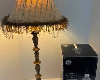 Table Lamp Wirh Fringe Lamp Shade, GE LEDVintage Style Bulb
