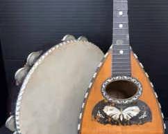 Vintage Mandolin with Inlaid Butterfly And Trim, Tambourine 