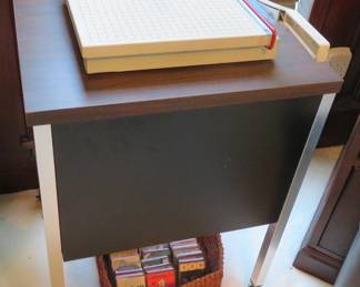 Boston paper cutter, HON typewriter table, cassettes