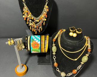 Vintage Costume Jewelry Lot Statement Necklaces, Bangles Earrings
