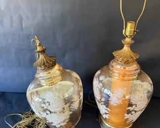 Pair of Etched Glass Lamps with Brass Accents