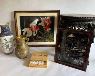 Collection of Asian Decorative Arts Vases, Artwork, and Carved Side Table
