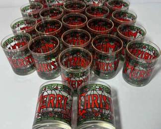 24 Retro Merry Christmas Holiday Glasses Stained Glass Style