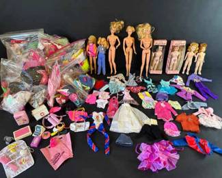 Vintage Barbies 8 Variety Of Dolls, Clothes, and Acc. PLUS Mystery Clothing Bags